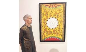 Benigna Chilla and her work ‘Birds And Flowers For Reba’,at Nature Morte,Delhi in 2023.