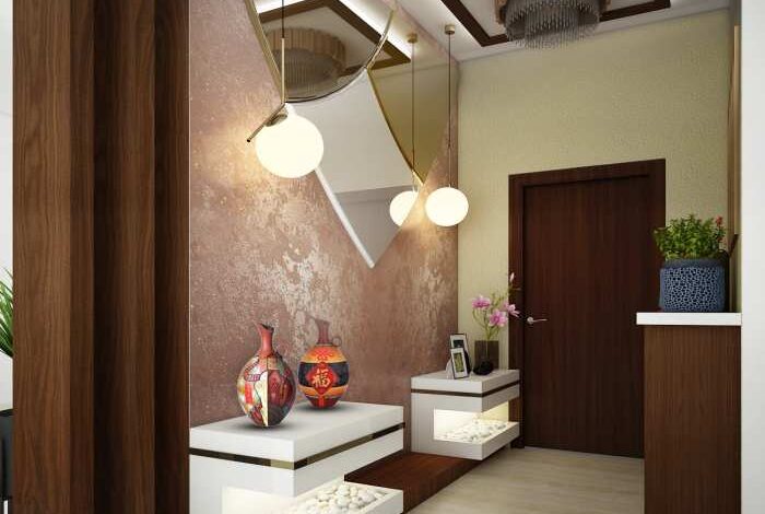 Entryway decor and wallpapered ceiling