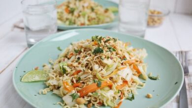 Warm cabbage noodle salad
