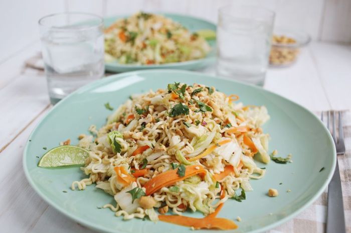Warm cabbage noodle salad