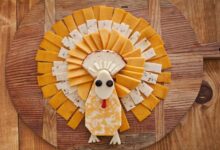 A turkey shaped cheese tray