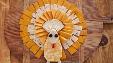 A turkey shaped cheese tray