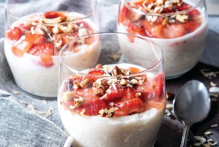 Rice pudding with roasted strawberries